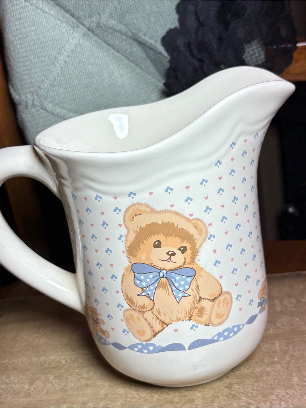 7’ Ceramic Teddy Bear Pitcher with Blue Bow creamer